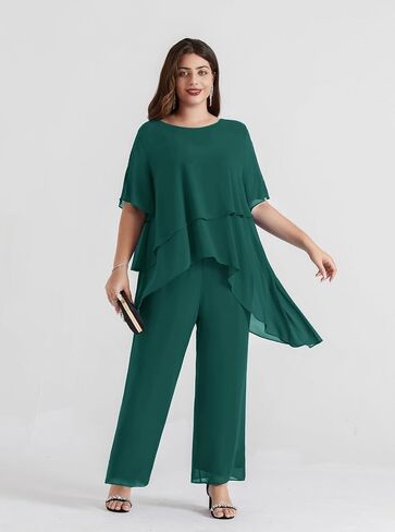 Hanna Nikole 2 Piece Mother of The Bride Pant Suits Plus Size Chiffon Sets Ruffle Asymmetric Layers Wedding Guest Outfit in Kuwait