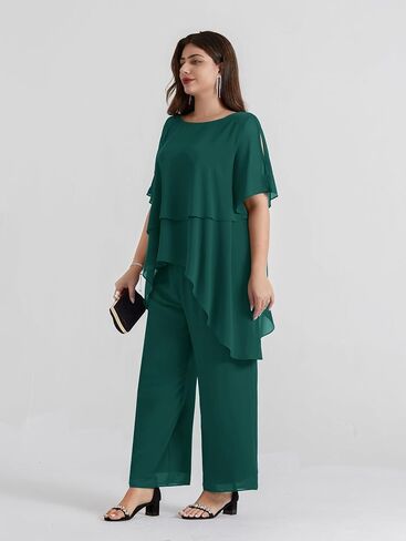 Hanna Nikole 2 Piece Mother of The Bride Pant Suits Plus Size Chiffon Sets Ruffle Asymmetric Layers Wedding Guest Outfit in Kuwait