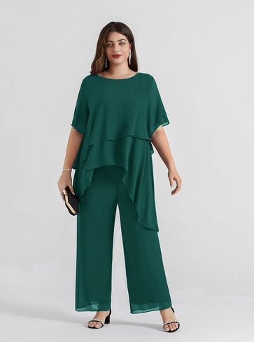 Hanna Nikole 2 Piece Mother of The Bride Pant Suits Plus Size Chiffon Sets Ruffle Asymmetric Layers Wedding Guest Outfit in Kuwait