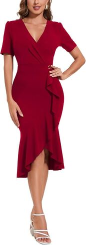 Women's Summer Sexy V Neck Ruffle Flowy Midi Dress Formal Wrap Bodycon Dress Cocktail Party Dress in Saudi Arabia