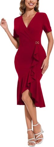 Women's Summer Sexy V Neck Ruffle Flowy Midi Dress Formal Wrap Bodycon Dress Cocktail Party Dress in Saudi Arabia