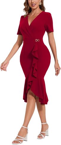 Women's Summer Sexy V Neck Ruffle Flowy Midi Dress Formal Wrap Bodycon Dress Cocktail Party Dress in Saudi Arabia