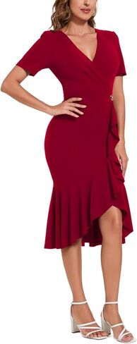 Women's Summer Sexy V Neck Ruffle Flowy Midi Dress Formal Wrap Bodycon Dress Cocktail Party Dress in Saudi Arabia