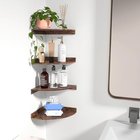 Fixwal Corner Floating Shelves Set of 4, Wall Mounted Shelves for Decor and Storage, Rustic Ledges for Bedroom, Living Room, Bathroom, Office (Rustic Brown) in Saudi Arabia