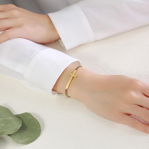 Stainless Steel Cross Bracelet Sideway Lateral Cross Bracelet Adjustable Chain Cuff Wrist Bracelet for Women Gift Jewelry Christmas Birthday in Saudi Arabia