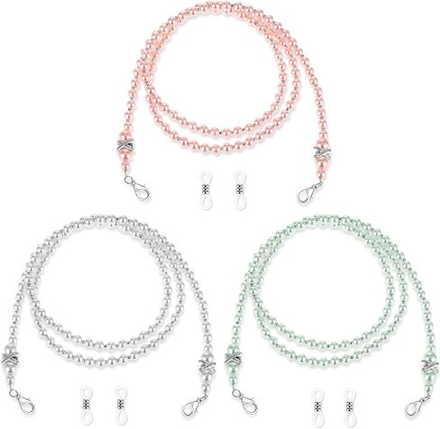 3 PCS Beaded Glasses Chain Stylish Sunglasses Lanyard Chains Face Masks Lanyard Chain Pearl EyeGlasses Chain Around Neck Eyeglass Chain Cord for Women String for Glasses (White, Light Green, Pink) in Saudi Arabia