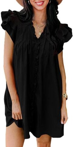 AlvaQ Womens Summer Dresses 2024 V Neck Ruffle Cap Short Sleeve Mini Dress Casual Flowy Pleated A Line Sundress with Pockets in Saudi Arabia
