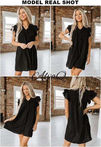 AlvaQ Womens Summer Dresses 2024 V Neck Ruffle Cap Short Sleeve Mini Dress Casual Flowy Pleated A Line Sundress with Pockets in Saudi Arabia