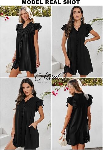AlvaQ Womens Summer Dresses 2024 V Neck Ruffle Cap Short Sleeve Mini Dress Casual Flowy Pleated A Line Sundress with Pockets in Saudi Arabia