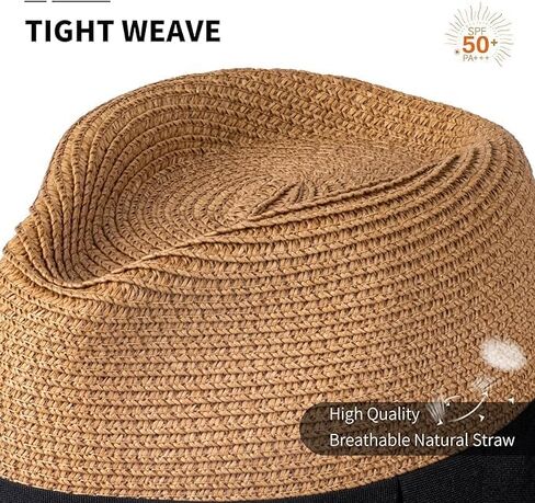 Panama Hat Sun Hats for Women Men Short Brim Fedora Straw Beach Hat UV UPF 50 Khaki in Saudi Arabia