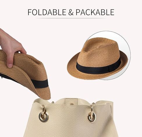 Panama Hat Sun Hats for Women Men Short Brim Fedora Straw Beach Hat UV UPF 50 Khaki in Saudi Arabia