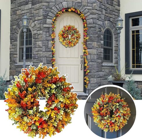 إكليل الخريف الاصطناعي للباب الأمامي، إكليل الخريف الريفي، أكاليل الخريف، إكليل الباب الأمامي، ديكورات الباب الأمامي 2024، إكليل الخريف، إكليل الشكر، ديكورات الخريف للمنزل، ديكور داخلي خارجي (19.7 بوصة) in Kuwait