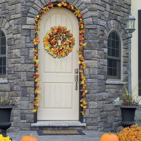 إكليل الخريف الاصطناعي للباب الأمامي، إكليل الخريف الريفي، أكاليل الخريف، إكليل الباب الأمامي، ديكورات الباب الأمامي 2024، إكليل الخريف، إكليل الشكر، ديكورات الخريف للمنزل، ديكور داخلي خارجي (19.7 بوصة) in Kuwait