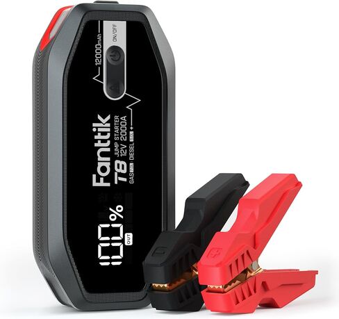 FANTTIK T8 2000 Amps Jump Starter، حزمة بطارية سيارة 12000 مللي أمبير في الساعة لما يصل إلى 7.0 لتر من البنزين ومحركات ديزل 5.0 لتر مع شاشة LED، شحن سريع 30 وات، بادئ تشغيل سريع آمن للغاية من الليثيوم 12 فولت in Kuwait