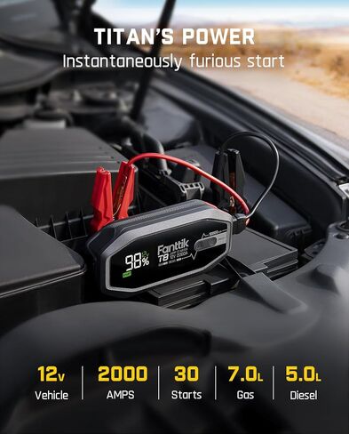 FANTTIK T8 2000 Amps Jump Starter، حزمة بطارية سيارة 12000 مللي أمبير في الساعة لما يصل إلى 7.0 لتر من البنزين ومحركات ديزل 5.0 لتر مع شاشة LED، شحن سريع 30 وات، بادئ تشغيل سريع آمن للغاية من الليثيوم 12 فولت in Kuwait