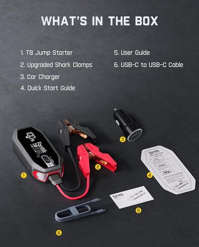 FANTTIK T8 2000 Amps Jump Starter، حزمة بطارية سيارة 12000 مللي أمبير في الساعة لما يصل إلى 7.0 لتر من البنزين ومحركات ديزل 5.0 لتر مع شاشة LED، شحن سريع 30 وات، بادئ تشغيل سريع آمن للغاية من الليثيوم 12 فولت in Kuwait