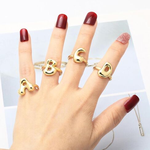 Bubble Initial Rings for Women, Open Adjustable Balloon Letter Rings Chunky Balloon Letters Ring 14k Gold Plated Puffy Alphabet A-Z Name Statement Jewelry in Saudi Arabia