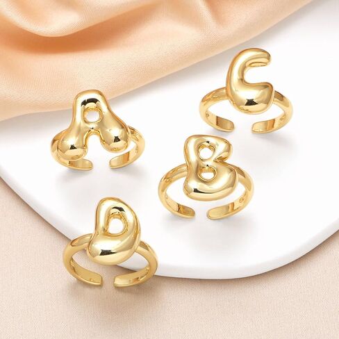 Bubble Initial Rings for Women, Open Adjustable Balloon Letter Rings Chunky Balloon Letters Ring 14k Gold Plated Puffy Alphabet A-Z Name Statement Jewelry in Saudi Arabia