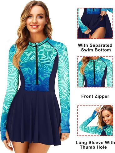 AOBUTE Women Long Sleeve Swim Dress SPF Rash Guard with Bottoms No Bra, 2 Piece Swimsuit with Thumb Hole in Saudi Arabia