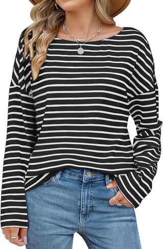 OFEEFAN Womens Long Sleeve Tops 2024 Striped Shirt Women Drop Shoulder Boat Neck Tops Loose Fit Casual Shirts in Saudi Arabia