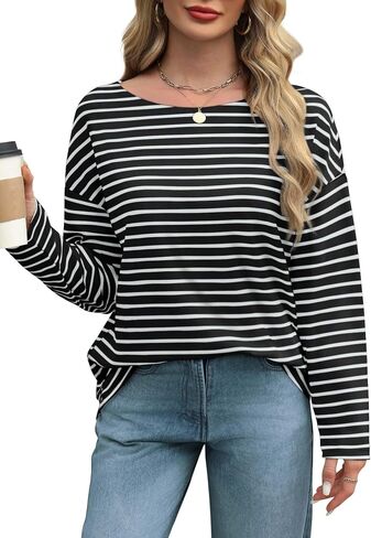 OFEEFAN Womens Long Sleeve Tops 2024 Striped Shirt Women Drop Shoulder Boat Neck Tops Loose Fit Casual Shirts in Saudi Arabia