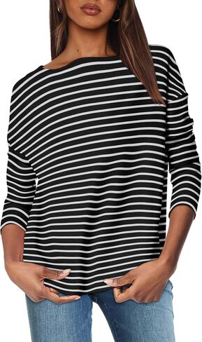 OFEEFAN Womens Long Sleeve Tops 2024 Striped Shirt Women Drop Shoulder Boat Neck Tops Loose Fit Casual Shirts in Saudi Arabia
