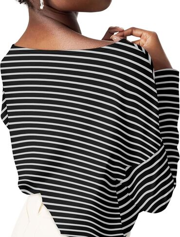 OFEEFAN Womens Long Sleeve Tops 2024 Striped Shirt Women Drop Shoulder Boat Neck Tops Loose Fit Casual Shirts in Saudi Arabia