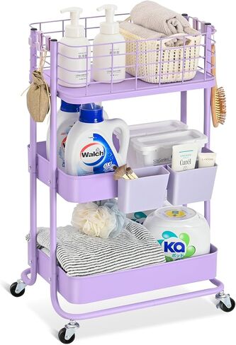 KINGRACK 3 Tier Utility Cart, Metal Rolling Cart Organizer, Storage Cart on Wheels, Book Cart, Diaper Cart for Bathroom, Kitchen, Office, Bedroom, Purple in Saudi Arabia