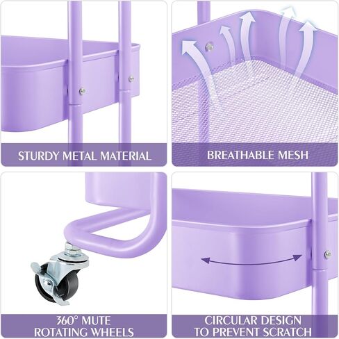 KINGRACK 3 Tier Utility Cart, Metal Rolling Cart Organizer, Storage Cart on Wheels, Book Cart, Diaper Cart for Bathroom, Kitchen, Office, Bedroom, Purple in Saudi Arabia