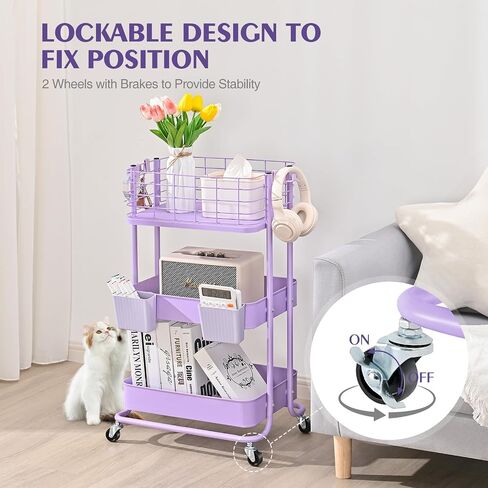 KINGRACK 3 Tier Utility Cart, Metal Rolling Cart Organizer, Storage Cart on Wheels, Book Cart, Diaper Cart for Bathroom, Kitchen, Office, Bedroom, Purple in Saudi Arabia