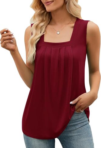 KTILG Summer Square Neck Sleeveless Tops Flowy Pleated Tunic Tank Tops for Women Loose Fit S-3XL in Saudi Arabia