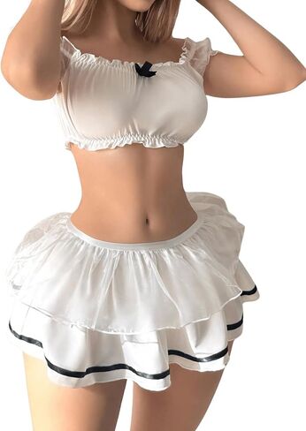 Women's 3 Piece Lingerie Set Mesh Frill Tie Front Chemise Babydoll Lingerie Skirt with Thong in Saudi Arabia