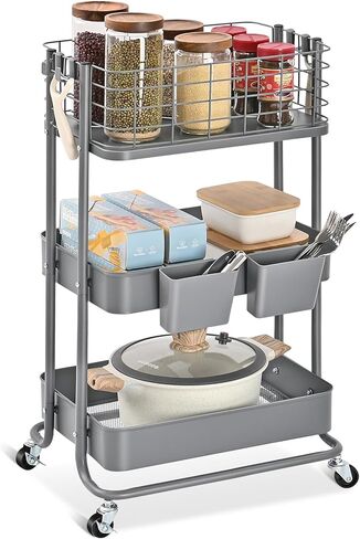 KINGRACK 3 Tier Utility Cart، منظم عربة دوارة معدنية، عربة تخزين على عجلات، عربة كتب، عربة حفاضات للحمام، المطبخ، المكتب، غرفة النوم، أرجواني in Kuwait