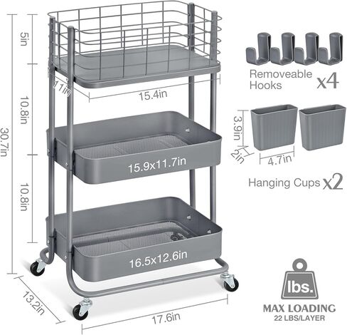 KINGRACK 3 Tier Utility Cart، منظم عربة دوارة معدنية، عربة تخزين على عجلات، عربة كتب، عربة حفاضات للحمام، المطبخ، المكتب، غرفة النوم، أرجواني in Kuwait