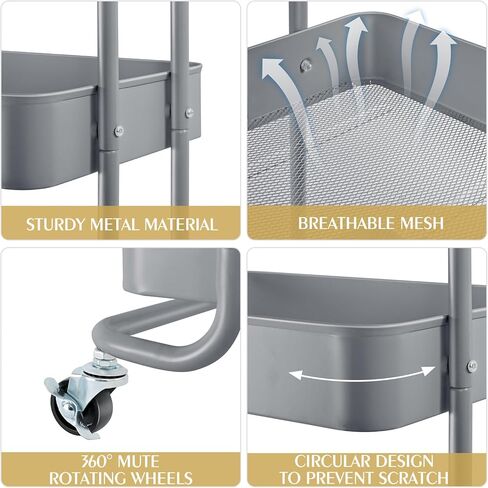KINGRACK 3 Tier Utility Cart، منظم عربة دوارة معدنية، عربة تخزين على عجلات، عربة كتب، عربة حفاضات للحمام، المطبخ، المكتب، غرفة النوم، أرجواني in Kuwait