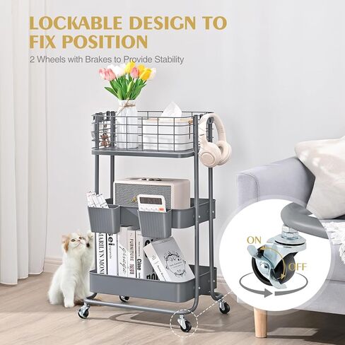 KINGRACK 3 Tier Utility Cart، منظم عربة دوارة معدنية، عربة تخزين على عجلات، عربة كتب، عربة حفاضات للحمام، المطبخ، المكتب، غرفة النوم، أرجواني in Kuwait