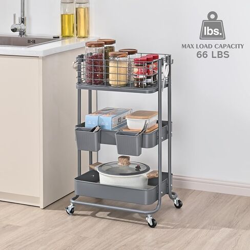 KINGRACK 3 Tier Utility Cart، منظم عربة دوارة معدنية، عربة تخزين على عجلات، عربة كتب، عربة حفاضات للحمام، المطبخ، المكتب، غرفة النوم، أرجواني in Kuwait