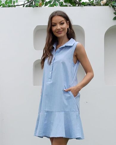 Kedera Women's Tunic Shirt Mini Dress Cotton Linen Shirt Dress Button Up Ruffle Hem Shift Dresses in Saudi Arabia