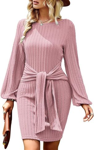 Zeagoo Women's Casual Knit Dress Fall Long Sleeve Bodycon Dress Crewneck Tie Waist Rib Knitted Sweater Dresses in Kuwait