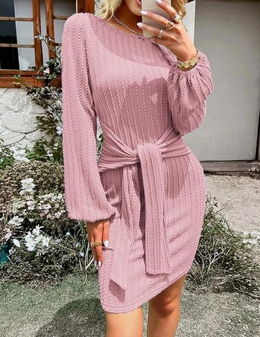 Zeagoo Women's Casual Knit Dress Fall Long Sleeve Bodycon Dress Crewneck Tie Waist Rib Knitted Sweater Dresses in Kuwait
