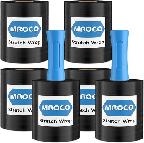 MROCO فيلم تغليف قابل للتمدد 6 عبوات، غلاف أسود صغير يتقلص مقاس 5 بوصات × 1000 قدم × 80 قياس، غلاف بلاستيكي صناعي مطاطي مع مقبضين قابلين لإعادة الاستخدام، لتغليف لفة بلاستيكية وتغليف البليت، إجمالي 6000 قدم in Kuwait