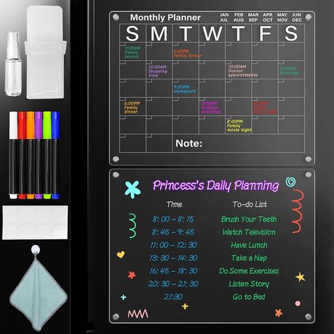 تقويم الثلاجة الأكريليك المغناطيسي 2 حزمة 16 "× 12" تقويم واضح للثلاجة الجافة محو لوحات التخطيط المغناطيسي مجموعة تتضمن 6 علامات ملونة حامل علامات مغناطيسية مع منشفة مسح in Kuwait