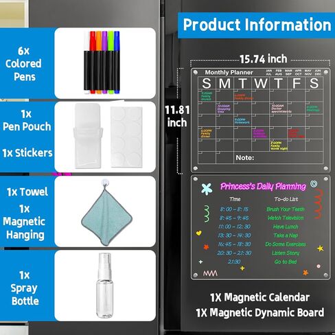 تقويم الثلاجة الأكريليك المغناطيسي 2 حزمة 16 "× 12" تقويم واضح للثلاجة الجافة محو لوحات التخطيط المغناطيسي مجموعة تتضمن 6 علامات ملونة حامل علامات مغناطيسية مع منشفة مسح in Kuwait