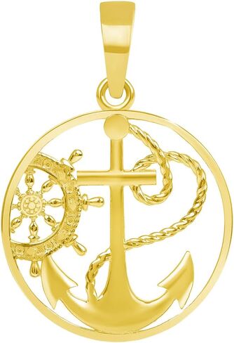 14k Yellow Gold Anchor and Ship Helm Wheel Round Nautical Medallion Pendant in Saudi Arabia