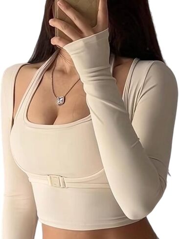 Seamless Apricot Yoga Top with Double Layer Halter and Thumb Holes for Women in Saudi Arabia