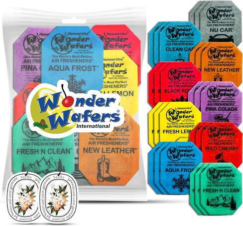 مجموعة AROMAQUE المكونة من 36 قطعة من معطرات الهواء Wonder Wafers، مجموعة متنوعة من أفضل 9 رقائق معطرة مغلفة بشكل فردي، 4 منها مع بطاقتي معطر هواء للسيارة من AROMAQUE in Saudi Arabia