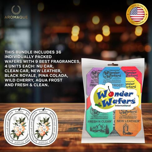 مجموعة AROMAQUE المكونة من 36 قطعة من معطرات الهواء Wonder Wafers، مجموعة متنوعة من أفضل 9 رقائق معطرة مغلفة بشكل فردي، 4 منها مع بطاقتي معطر هواء للسيارة من AROMAQUE in Saudi Arabia