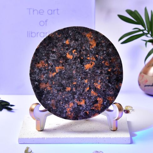 JIC جوهرة كبيرة Yooperlite لوح حجري 110-130 مللي متر بلورات استشفاء شريحة مستديرة الزخرفية مع حامل مكتب ديكور المنزل in Kuwait