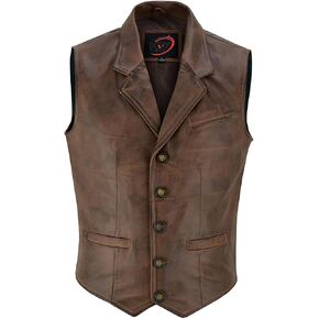 Mens Classic Club Style Leather Vest Motorcycle Leather waistcoat vest with Concealed Gun Carry Pockets