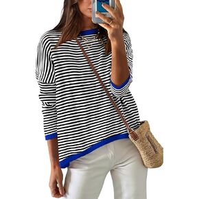 WIHOLL Womens Sweaters Dressy Casual Long Sleeve Tops Round Neck Striped Fashion